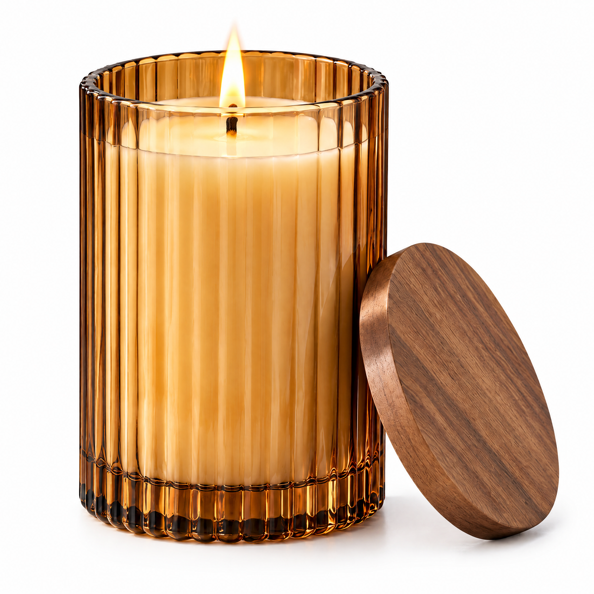 Amber Ribbed Glass Soy Candle with Walnut Lid