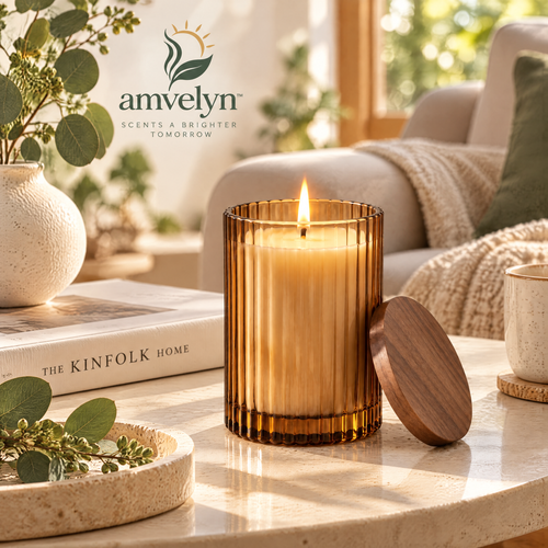 Amber Ribbed Glass Soy Candle with Walnut Lid