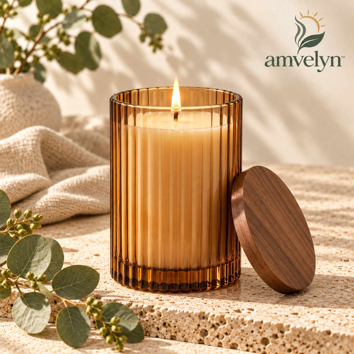 Amber Ribbed Glass Soy Candle with Walnut Lid