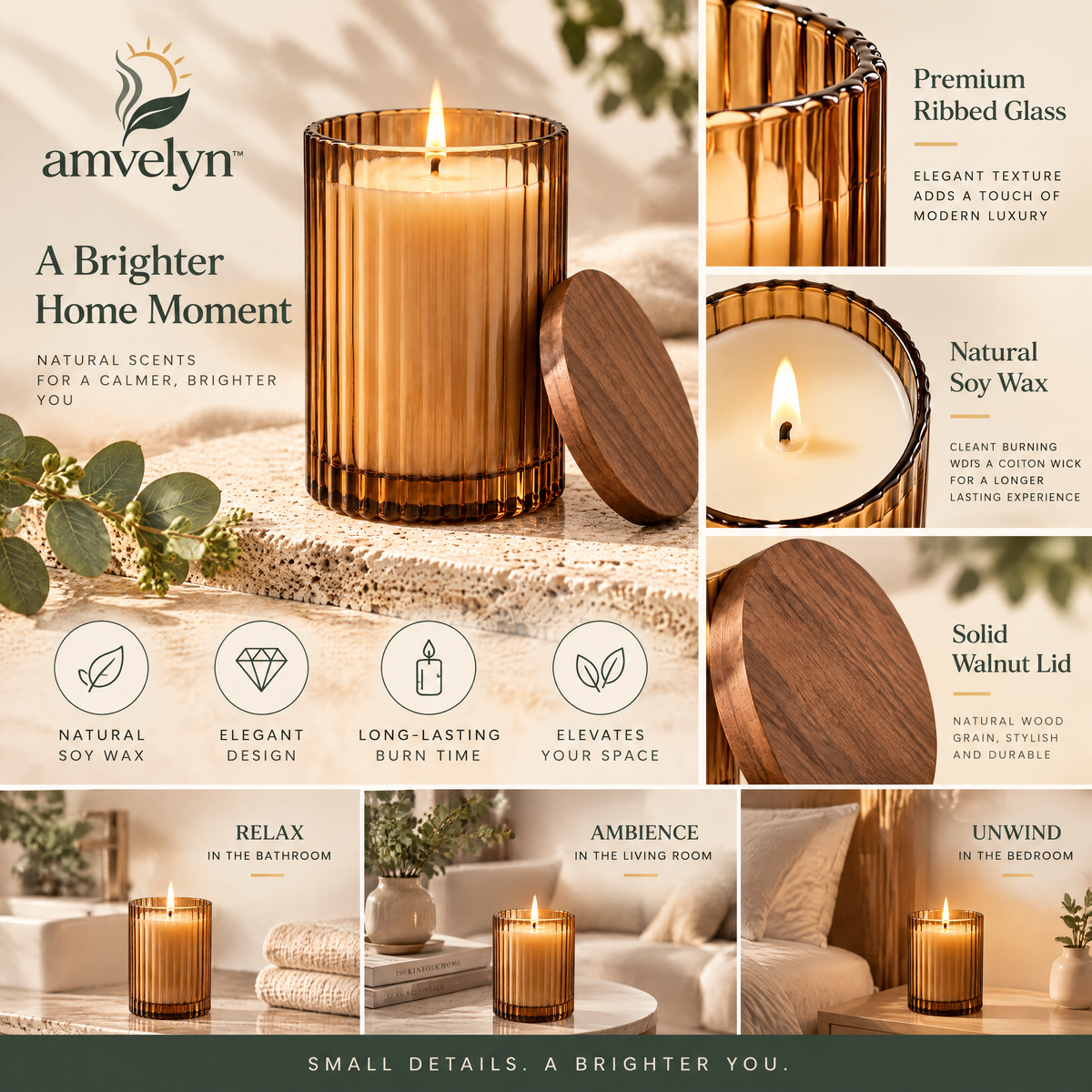 Amber Ribbed Glass Soy Candle with Walnut Lid