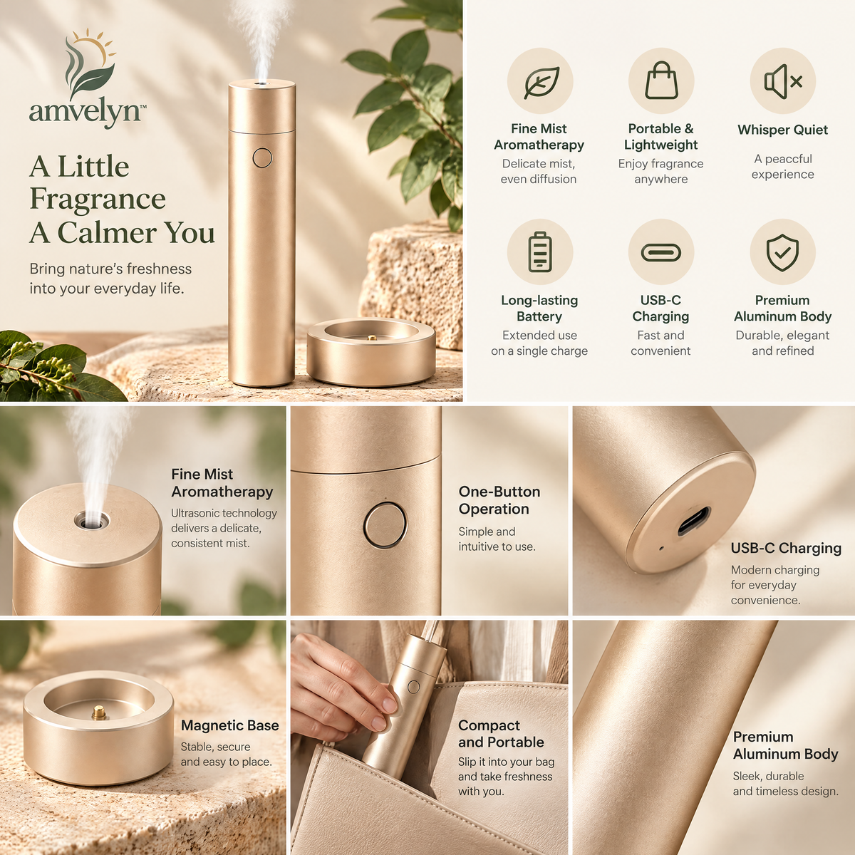 Portable Champagne Aluminum Aroma Diffuser