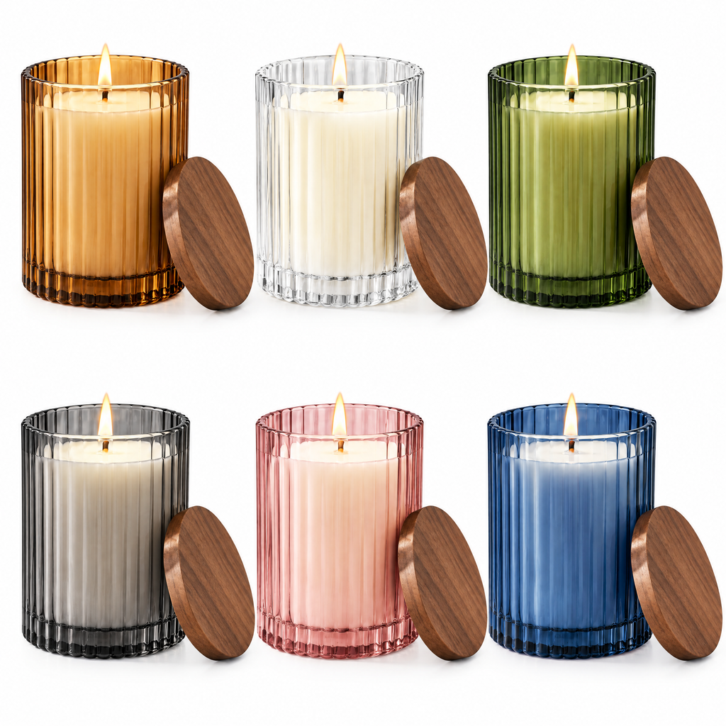 Amber Ribbed Glass Soy Candle with Walnut Lid
