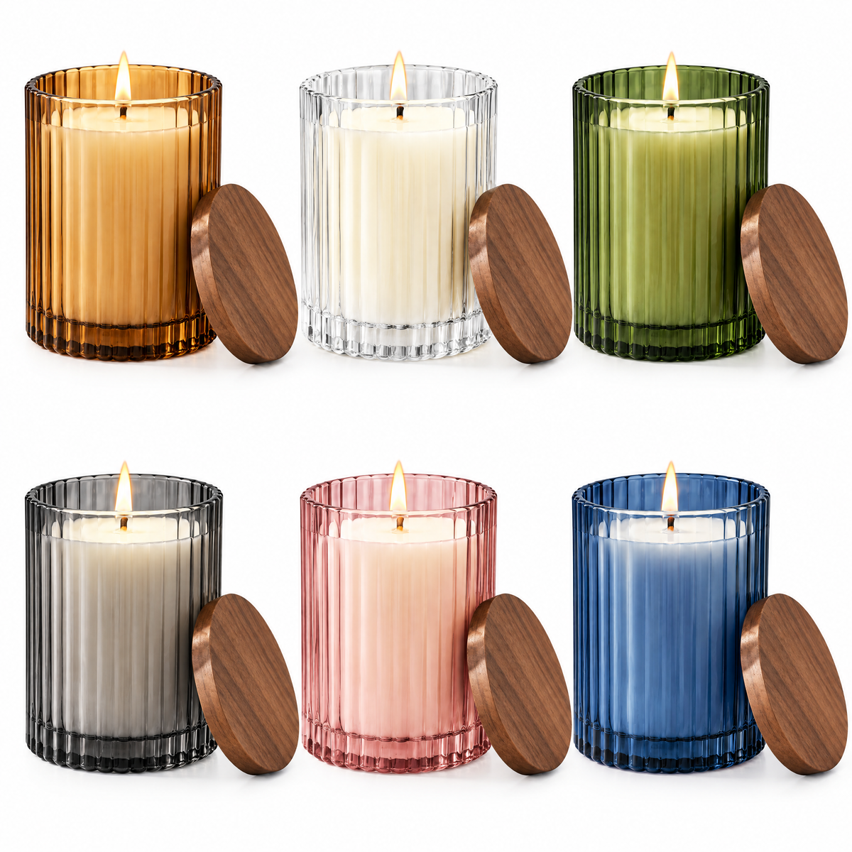 Amber Ribbed Glass Soy Candle with Walnut Lid